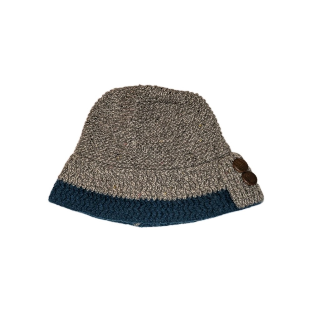 VTG LL Bean Women's One Size Lambs Wool Gray & Blue Hat Buttons Classy Preppy